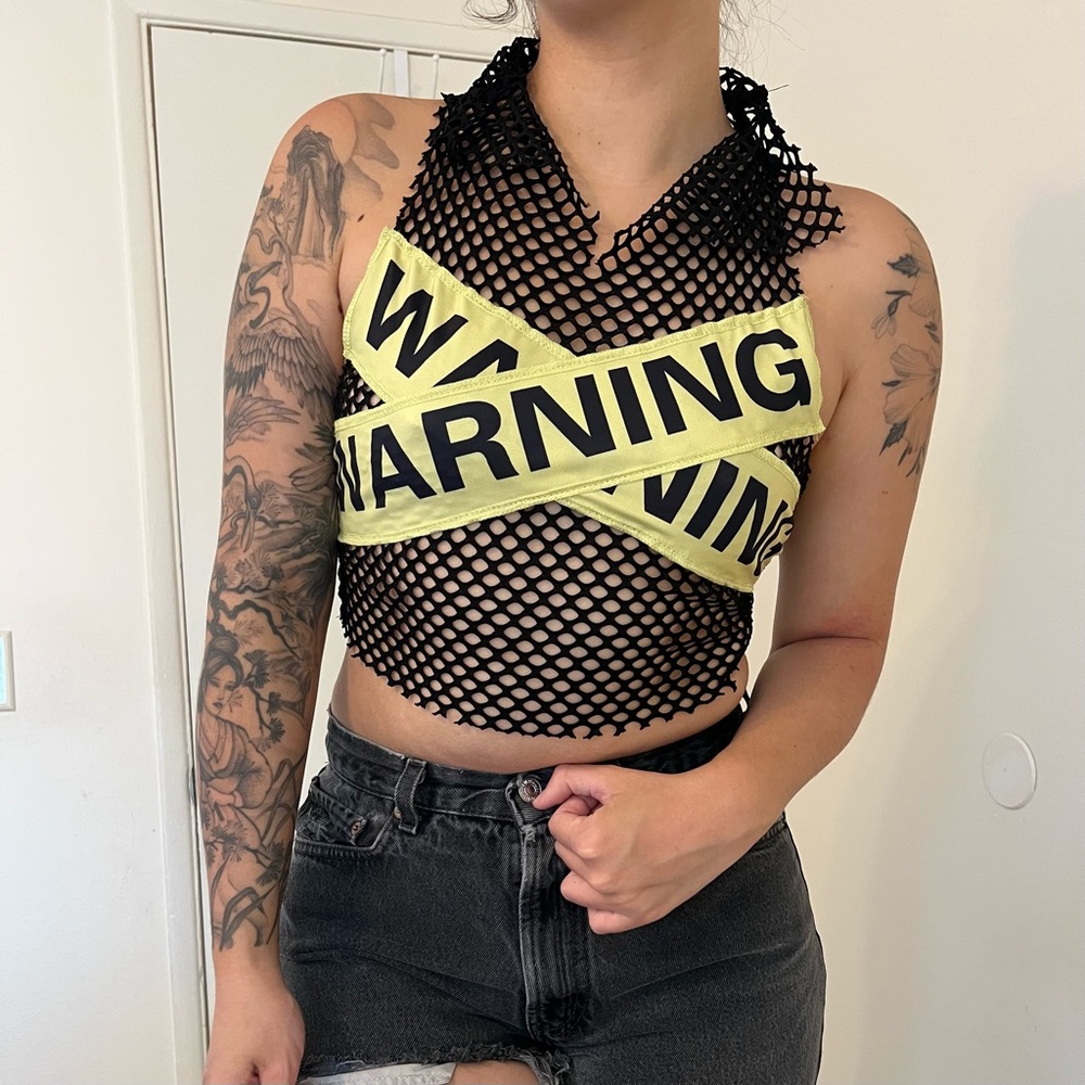 “Warning” black fishnet top